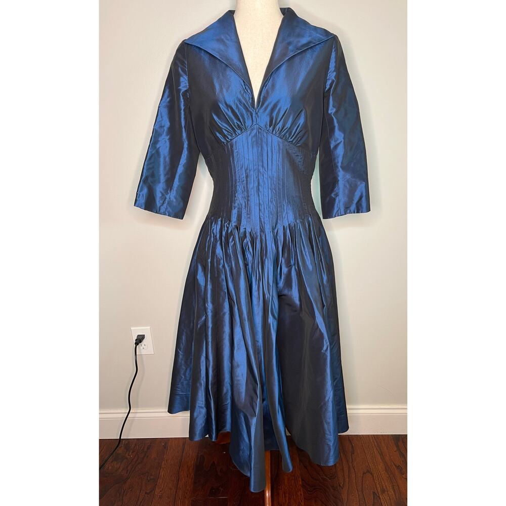 Satin Navy Midi Dress with Structured Waist and V-Neck